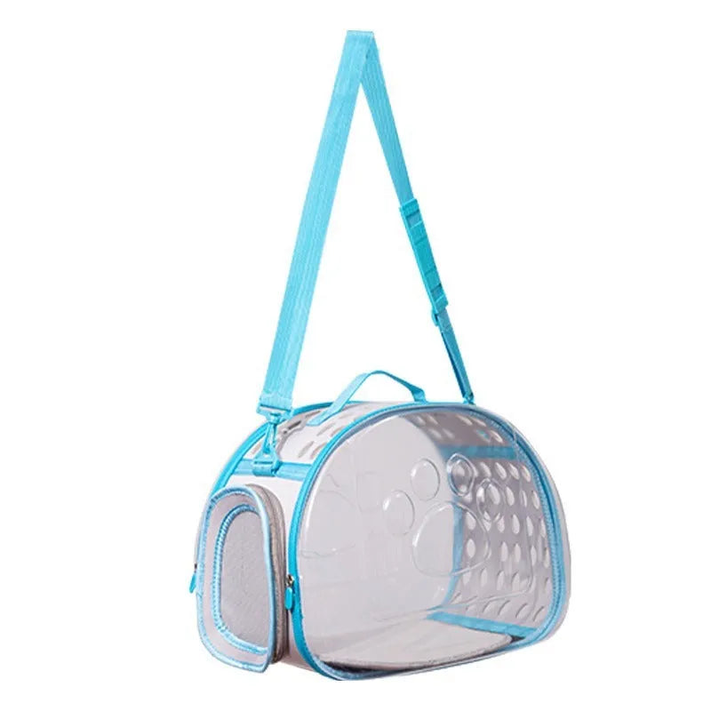 Transparent space capsule backpack for cats showing hard EVA construction and large carrier dimensions