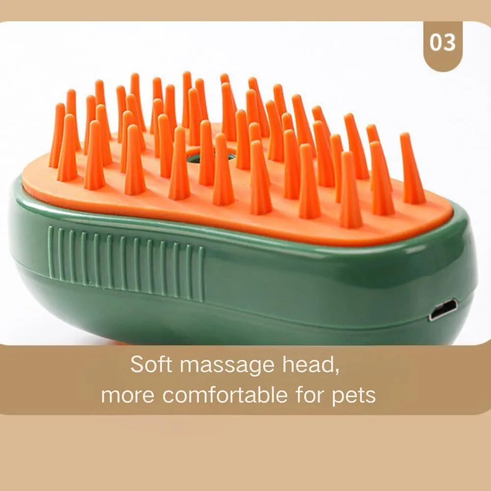 Green and white rechargeable cat steam brush with water spray tank and soft silicone bristles for pet grooming.