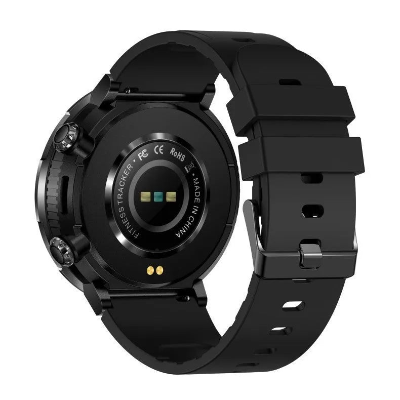 T30 smart watch with circular IPS screen on a silicone strap, showing health metrics and call interface.