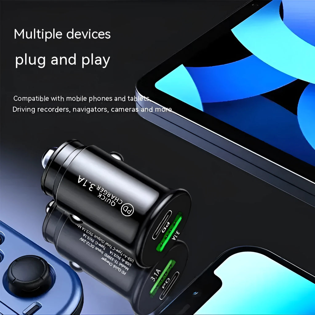Dual USB port car charger with bare metal housing in black or white finish for 12V vehicle socket charging