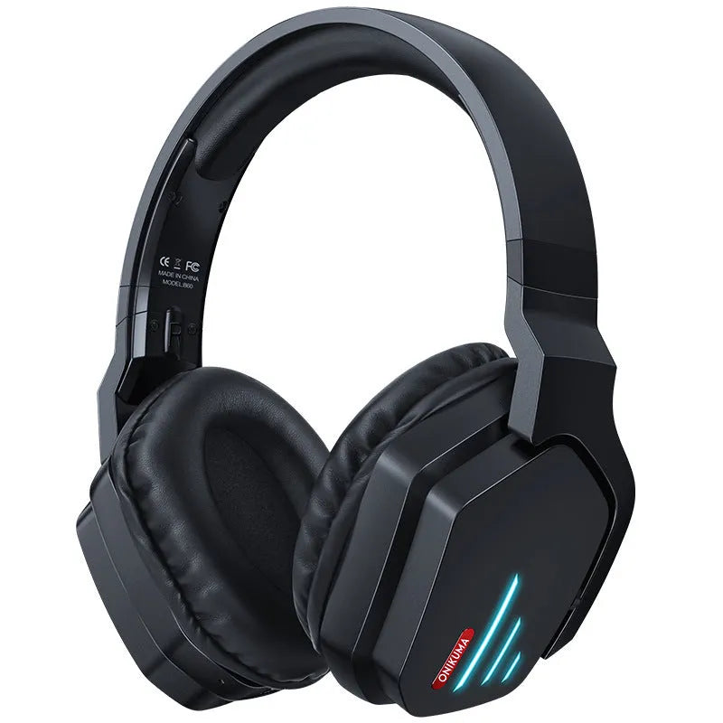 Luminous black wireless headphones with head-mounted design on black background