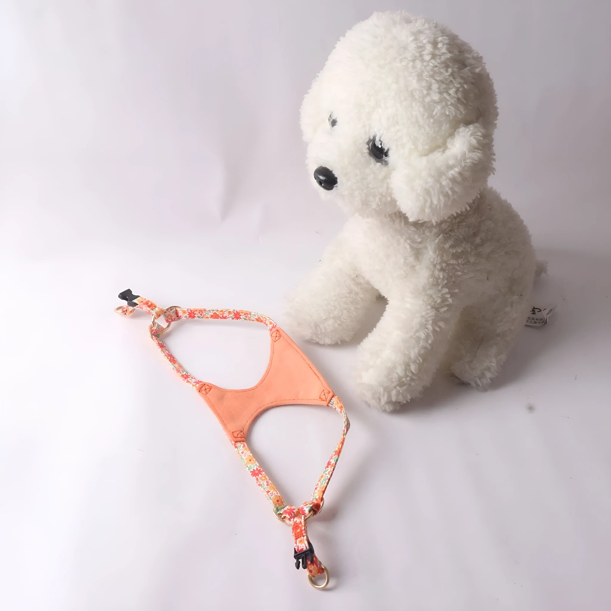 Floral pattern pet harness suit with matching leash in cloth material showing size options