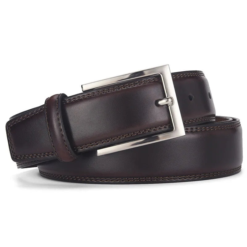 Men's genuine leather belt with alloy pin buckle in classic black showing length measurement and two-layer cowhide construction