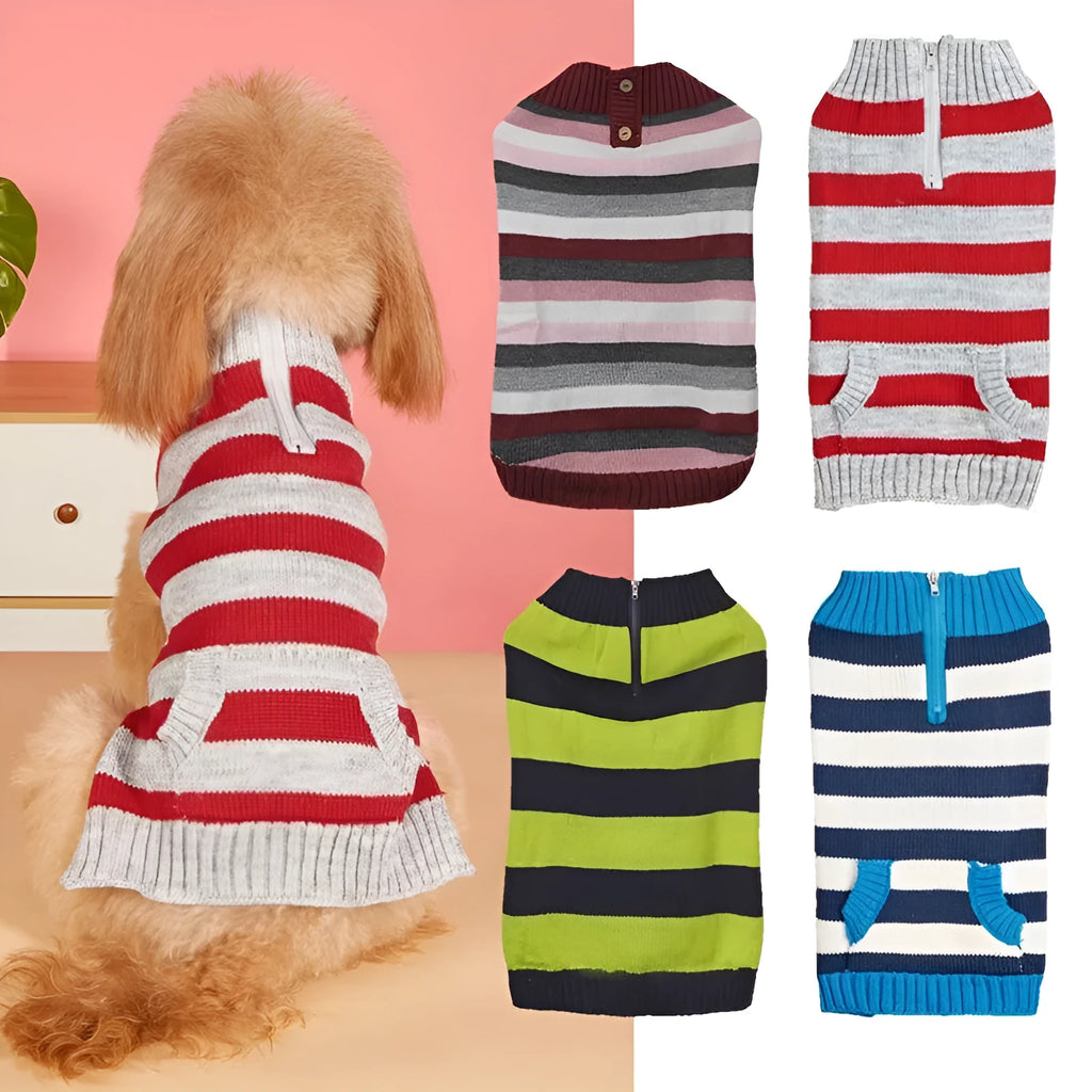 Grey acrylic knit dog sweater with horizontal side zip and a chest pocket on a small dog.