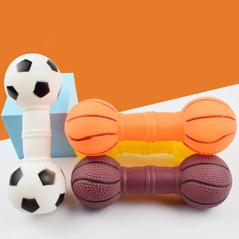 Brown, orange, white, and yellow PVC squeaky football dumbbell shaped dog chew toy