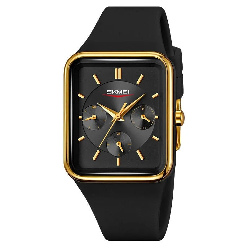 Slim square silicone waterproof watch for girls in white rose gold colour, showing 10.8mm thickness profile