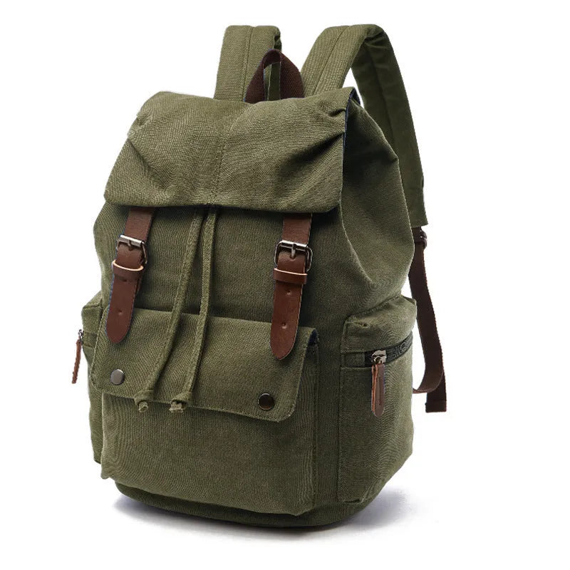 Canvas travel backpack in khaki with air pillow straps and stitched detailing