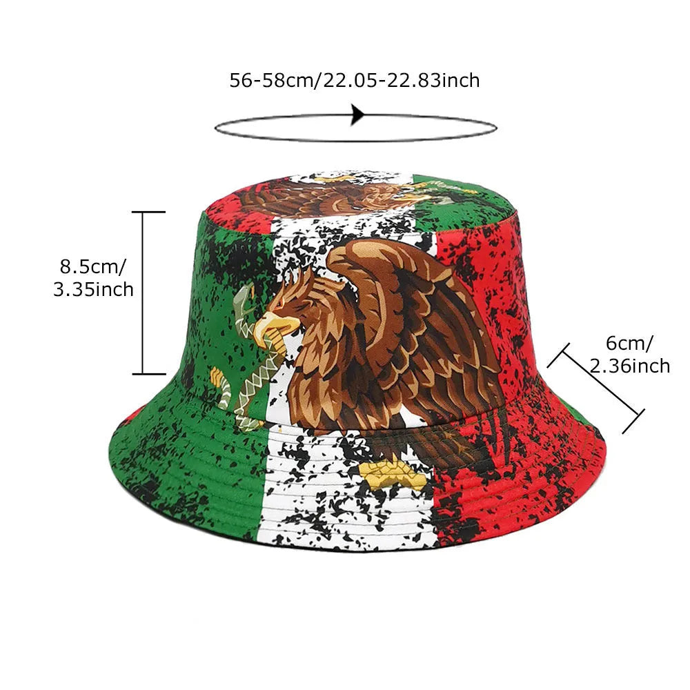 Eagle pattern bucket hat in polyester fabric with dome crown and retro styling