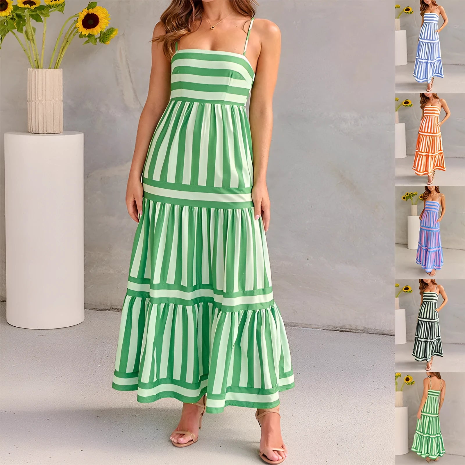 Women's striped long dress with suspender straps and side pockets in backless square neck design