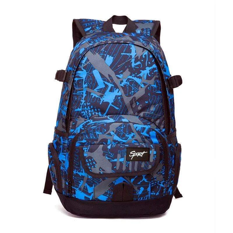 Blue large nylon backpack with adjustable straps on a plain background.