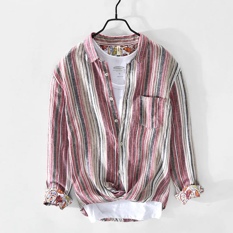 Men's striped linen shirt in loose fit with long sleeves for casual summer wear