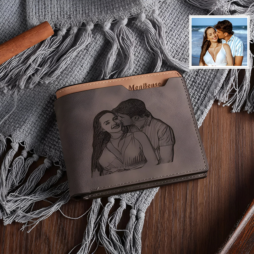 Engraved coffee-colour horizontal PU wallet showing custom photo personalisation.