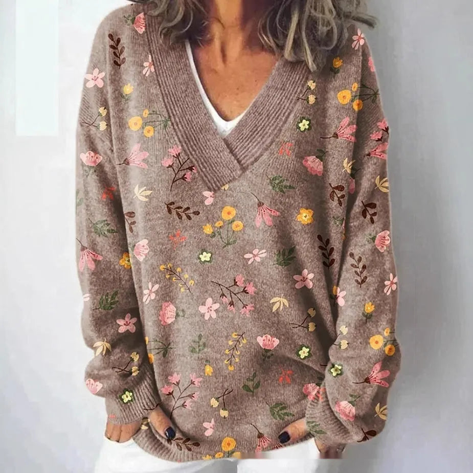 Women's V-neck sweatshirt with 3D floral pattern print and long sleeves