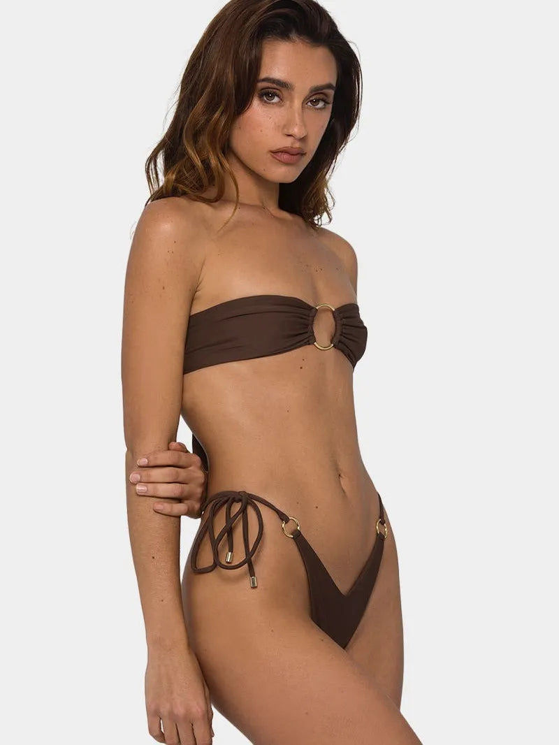 Brown tube-top push-up bikini swimsuit with adjustable ring tether and split design