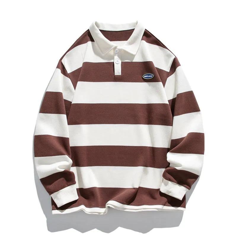 Hong Kong style polo shirt with striped sweater lapel in pearl cotton fabric, loose fit with long sleeves for autumn wear