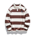 Hong Kong style polo shirt with striped sweater lapel in pearl cotton fabric, loose fit with long sleeves for autumn wear