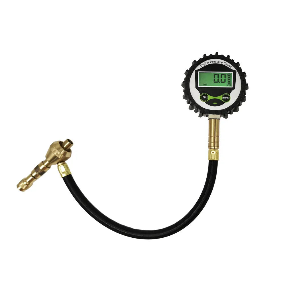 Mechanical car tyre pressure gauge with a rubber shell and rapid deflation valve.