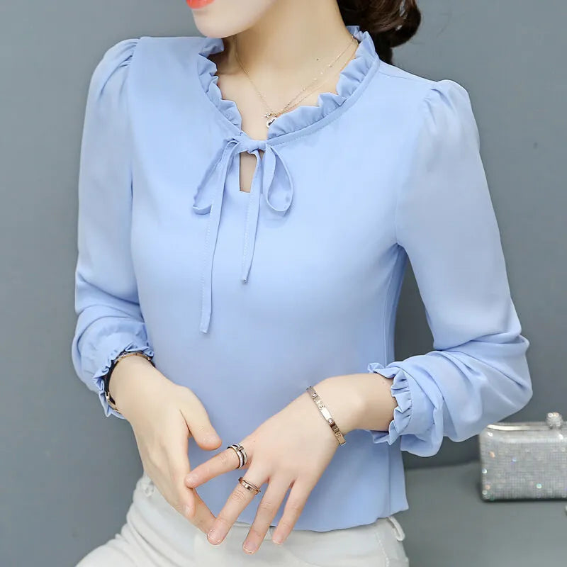 Loose plus size bow chiffon shirt women's long sleeve pullover polyester top in rose red
