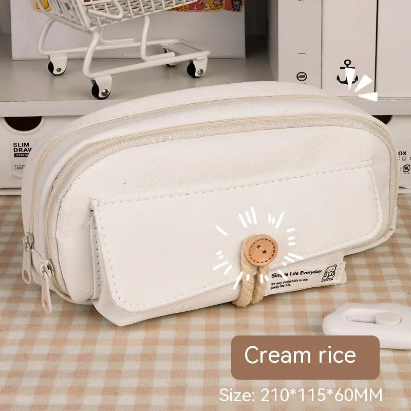 Korean style canvas pencil case in green colour showing large capacity for multiple pens
