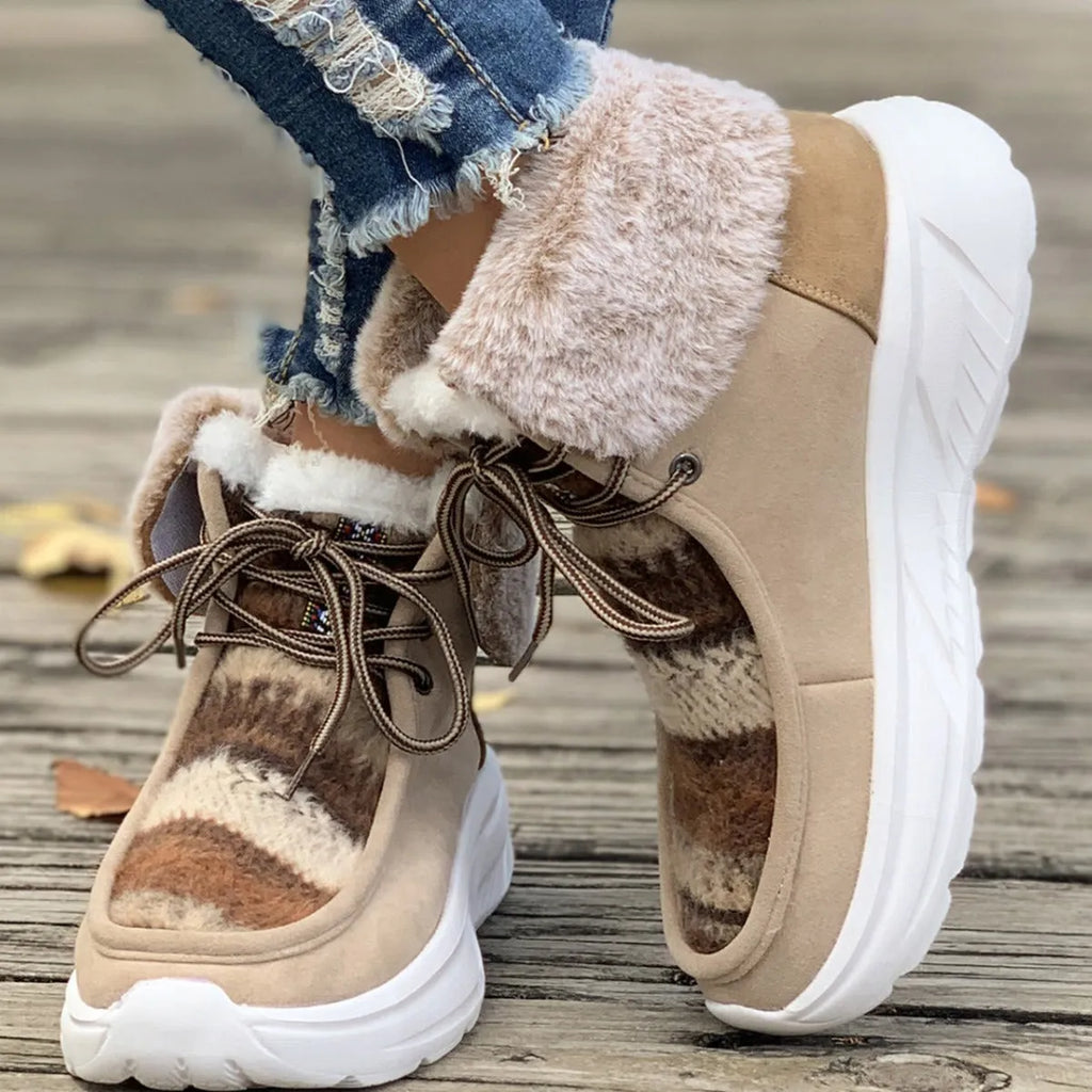 Women's beige lace-up snow boots with suede upper and thick rubber sole
