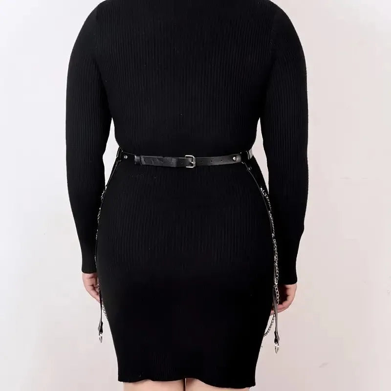 Black PU leather waist chain with bandage binding design draped on clothing