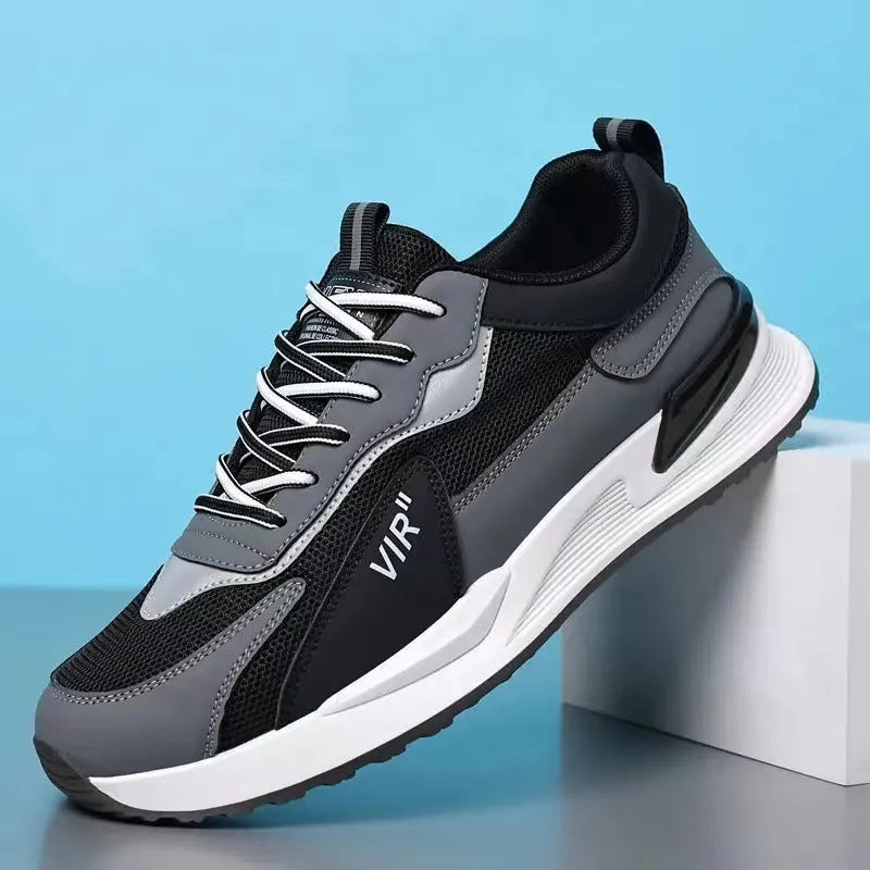 Men's colour block mesh sneakers with lace-up front and flat heel in black colourway