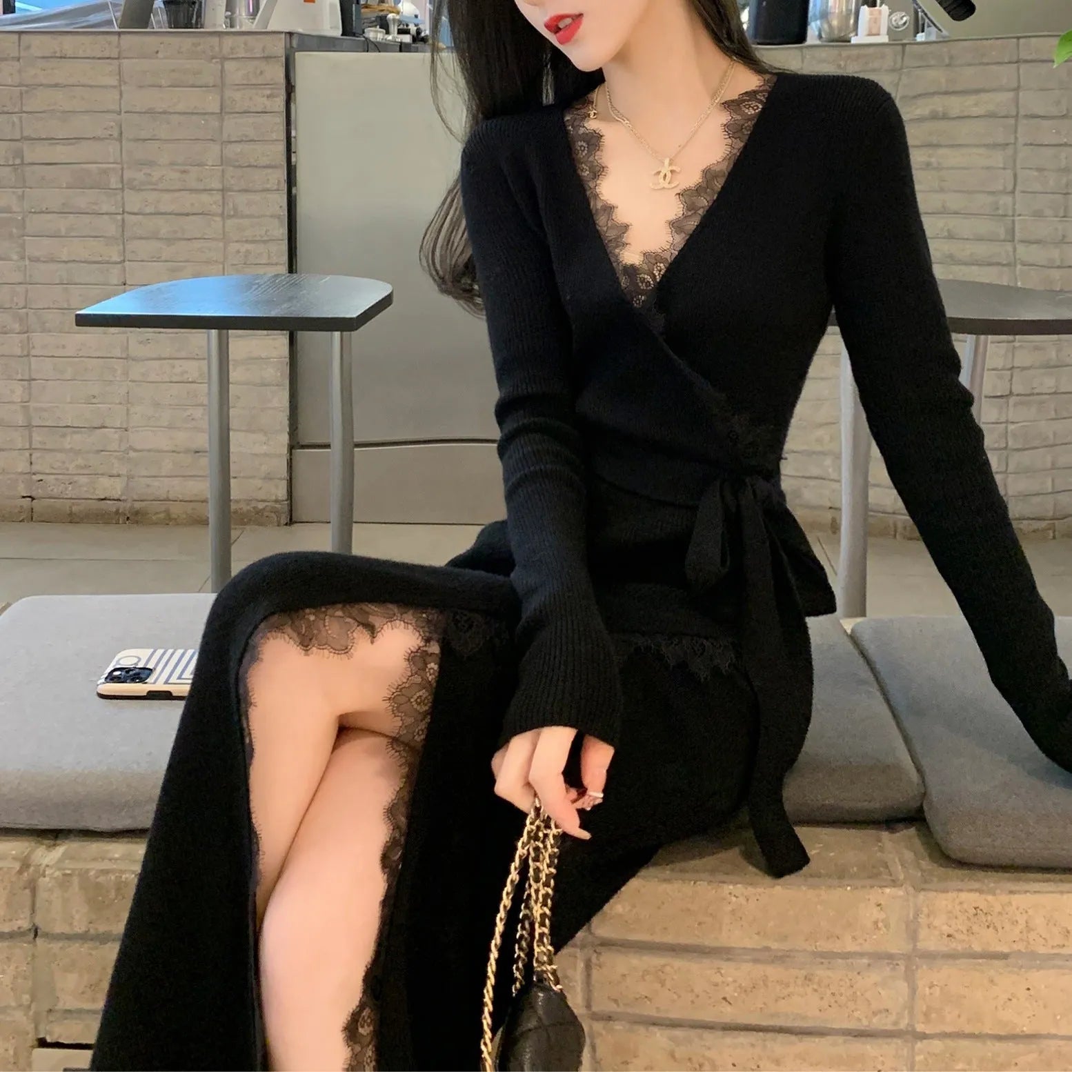 Black slim fit women's skirt with princess dress style and polyester fabric construction