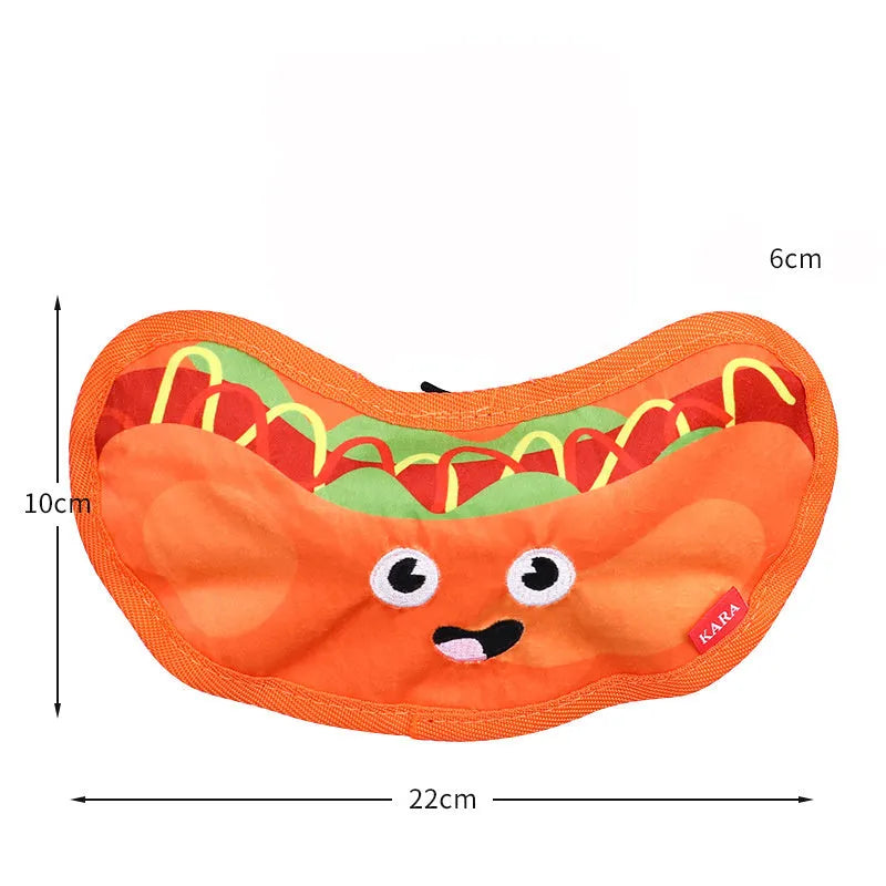 Hamburger-shaped dog chew toy in vivid colours showing crinkle and squeak features for interactive play.