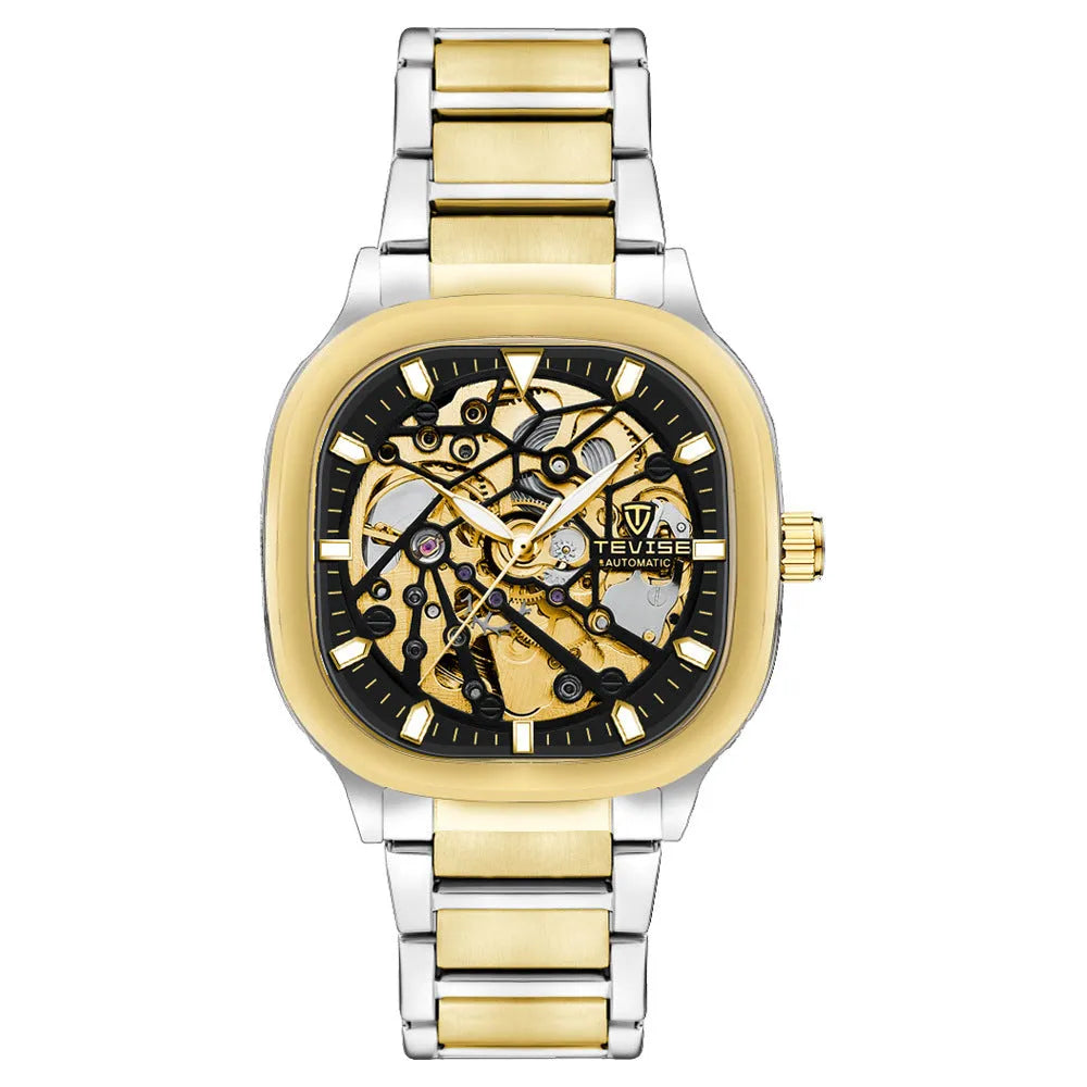 Men's square hollow automatic watch with luminous hands and stainless steel strap