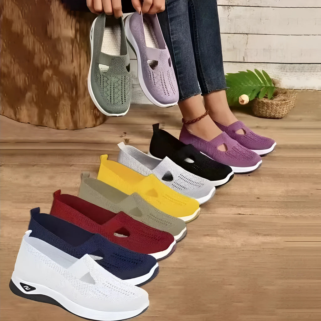 Women's casual mesh shoes with T-strap design and soft PVC soles in multiple colours
