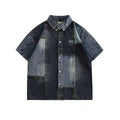 Blue Japanese-style loose-fit denim shirt for men with washed stitching detail.