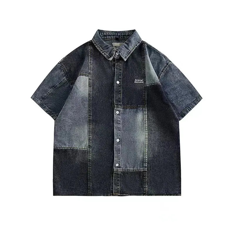 Blue Japanese-style loose-fit denim shirt for men with washed stitching detail.