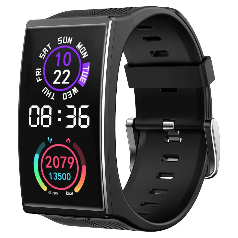 Black Bluetooth sports watch with blood pressure monitoring on silicone wristband showing 1.91-inch touchscreen display