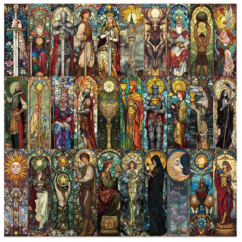 Set of 30 tarot card bookmarks with painted glass artwork designs on paper