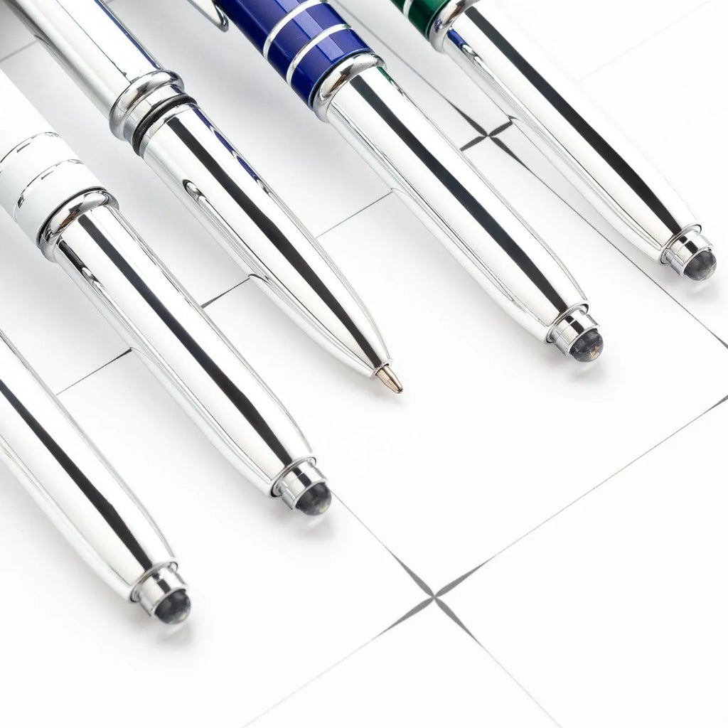 Metal capacitive stylus and ballpoint pen with LED light in five colour options.