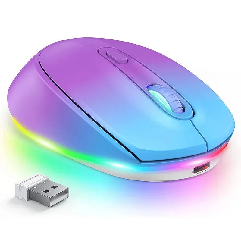 24g rechargeable wireless mouse in various colours showing ergonomic shape and USB cable