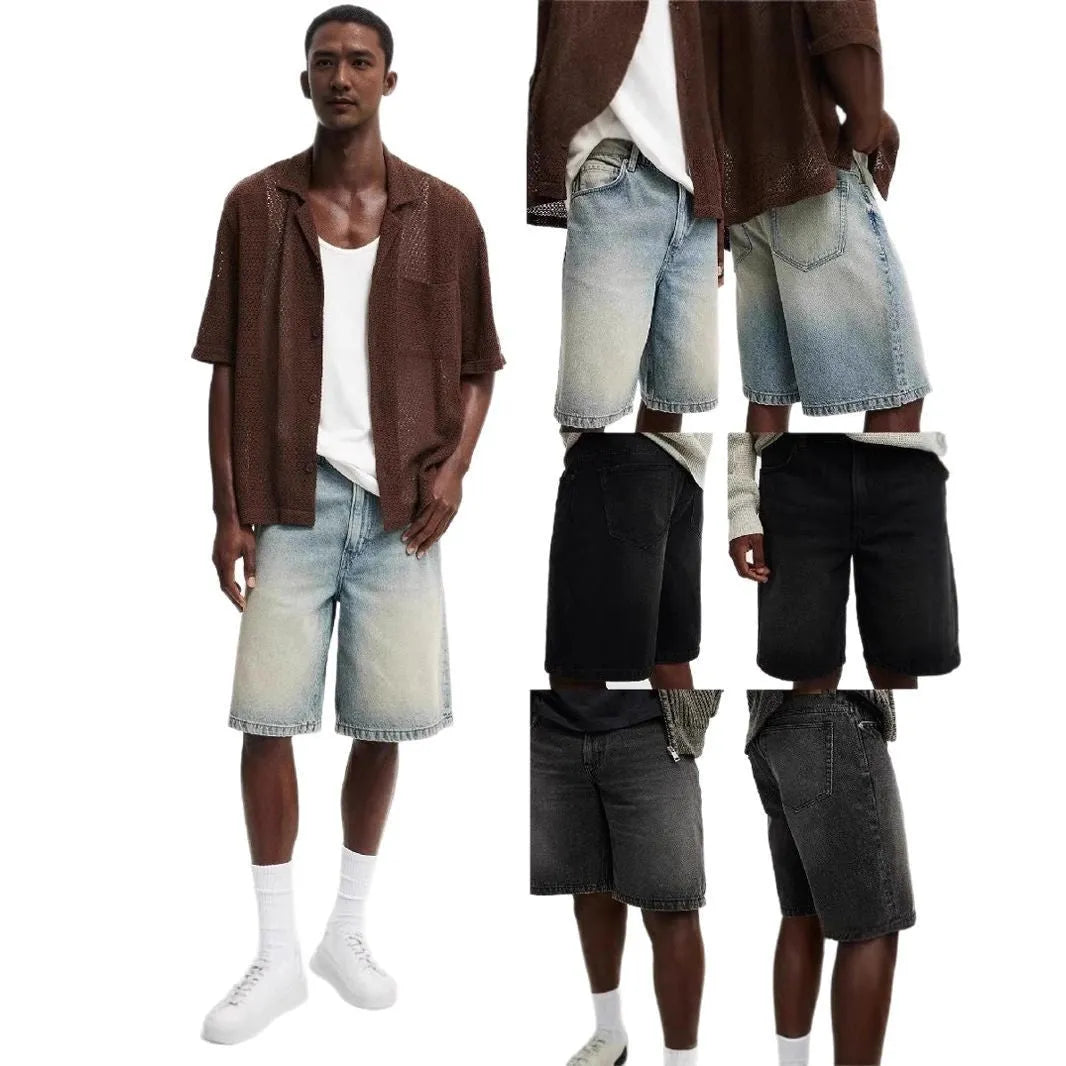 Men's loose fit straight leg jeans in light blue cotton denim