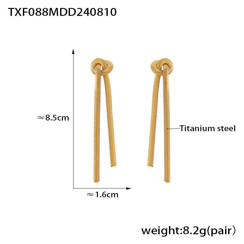 Gold electroplated titanium steel knotted tassel snake chain necklace with matching earrings set