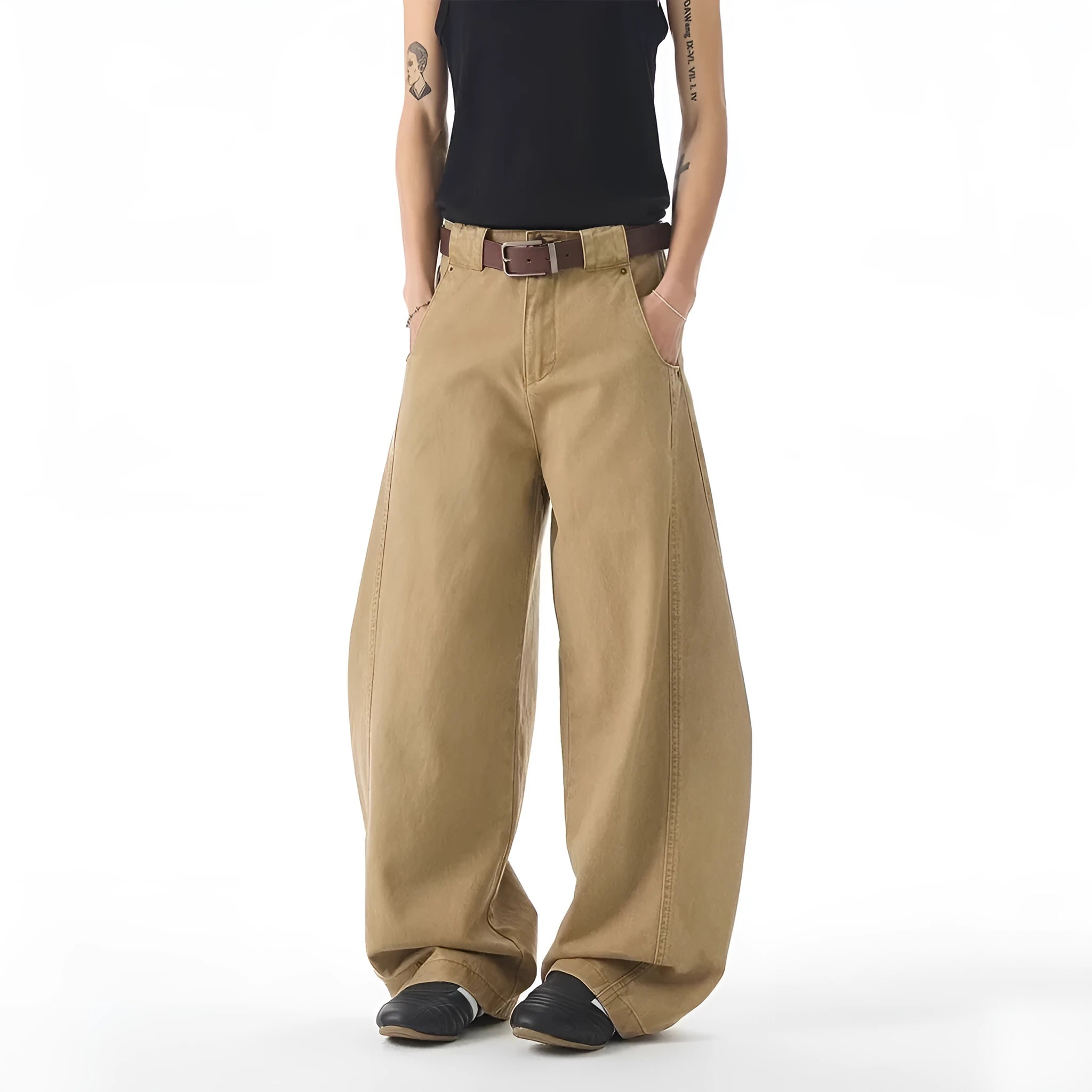 Men's brown loose fit casual jeans with straight leg design and button fly opening
