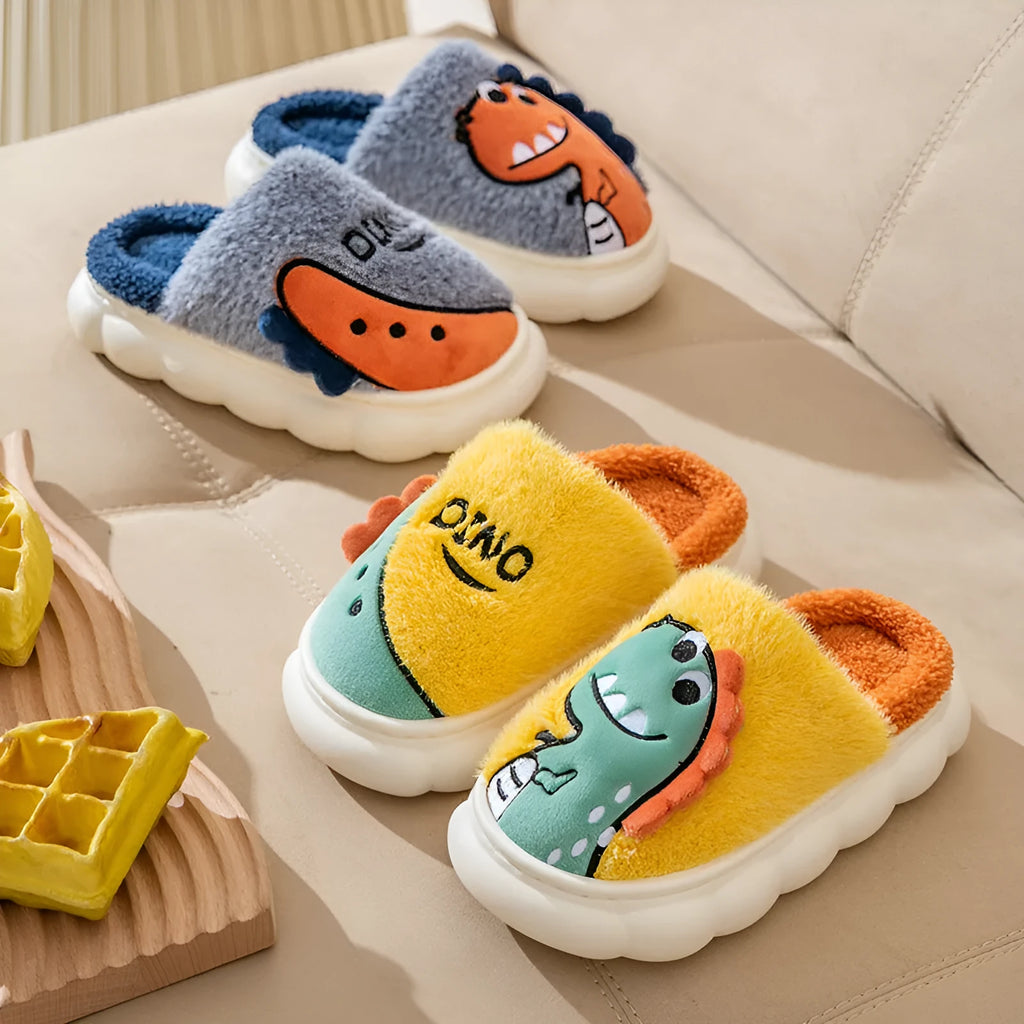Cotton plush dinosaur print slippers for couples in grey, coffee, and orange designs
