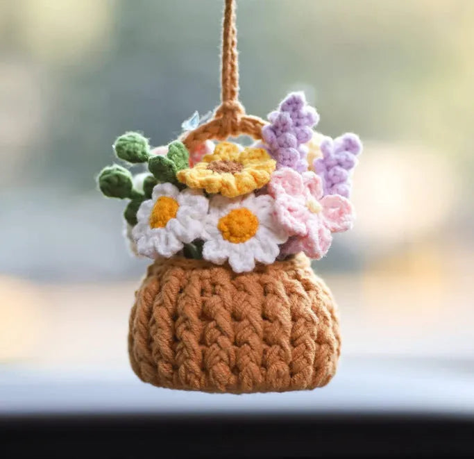 Green and white knitted wool car plant decoration with 25cm hanging rope