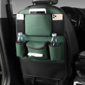 Leather car seat back storage bag in suspended design, shown in available colour options.