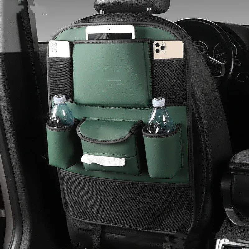 Leather car seat back storage bag in suspended design, shown in available colour options.