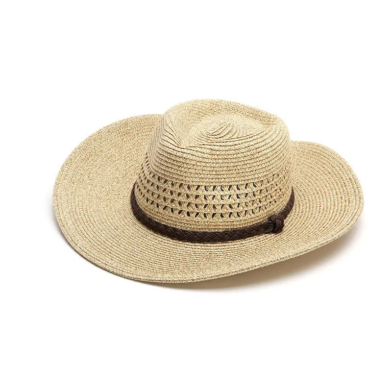Men's foldable straw sun hat with big brim in beige colour showing folded and unfolded states