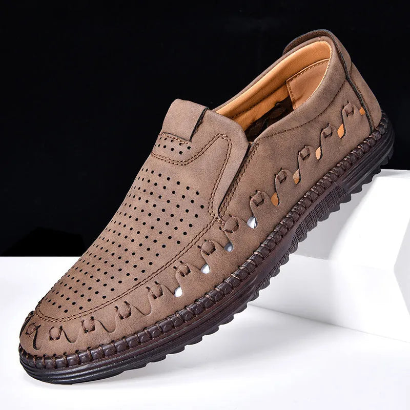 Men's brown slip-on leather casual shoes with round toe and flat PVC sole