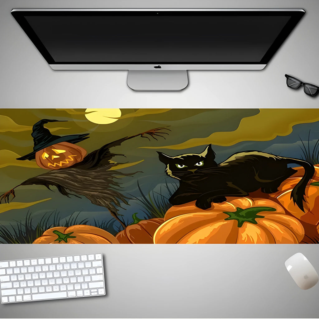 Oversized Halloween-themed computer mouse pad with non-slip rubber cloth base on a desk