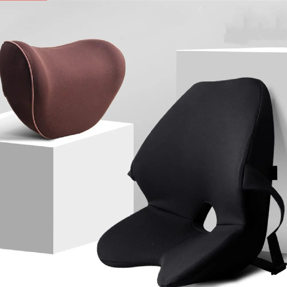 Car memory foam waist cushion with optional headrest in neutral colours for lumbar support while driving