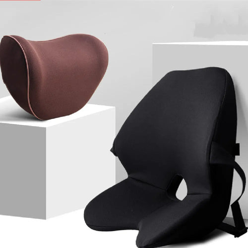 Car memory foam waist cushion with optional headrest in neutral colours for lumbar support while driving