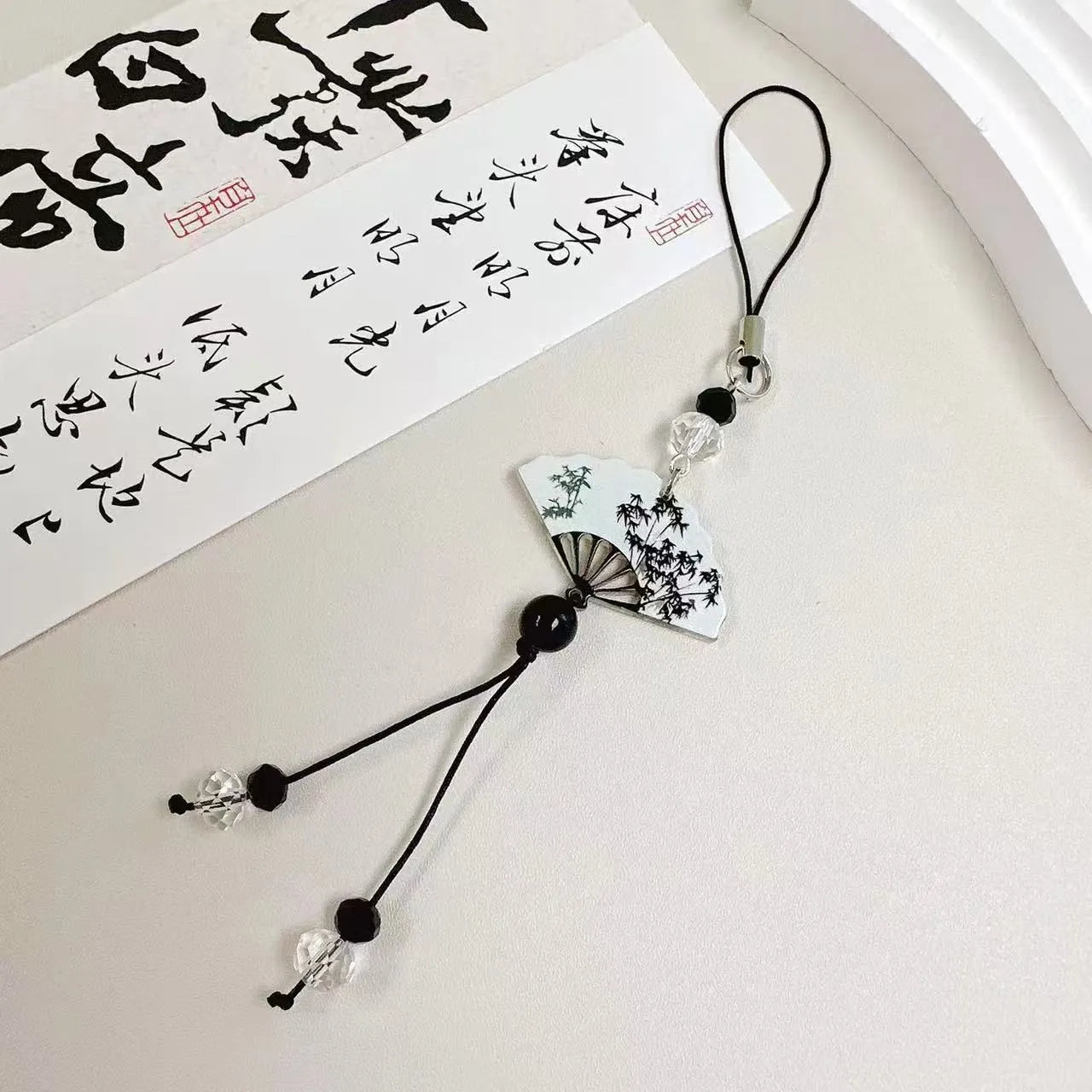 Guofeng Chinese-style bead keychain with plants and flowers pattern, Fan colour option.