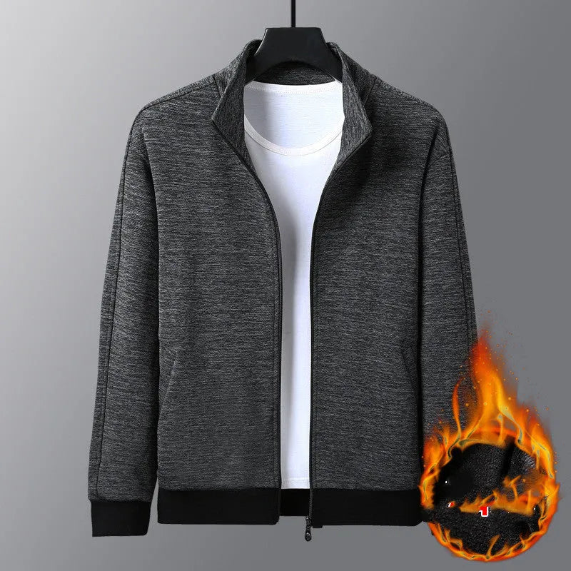 Men's black fitted casual jacket with a stand-up collar and zip front.